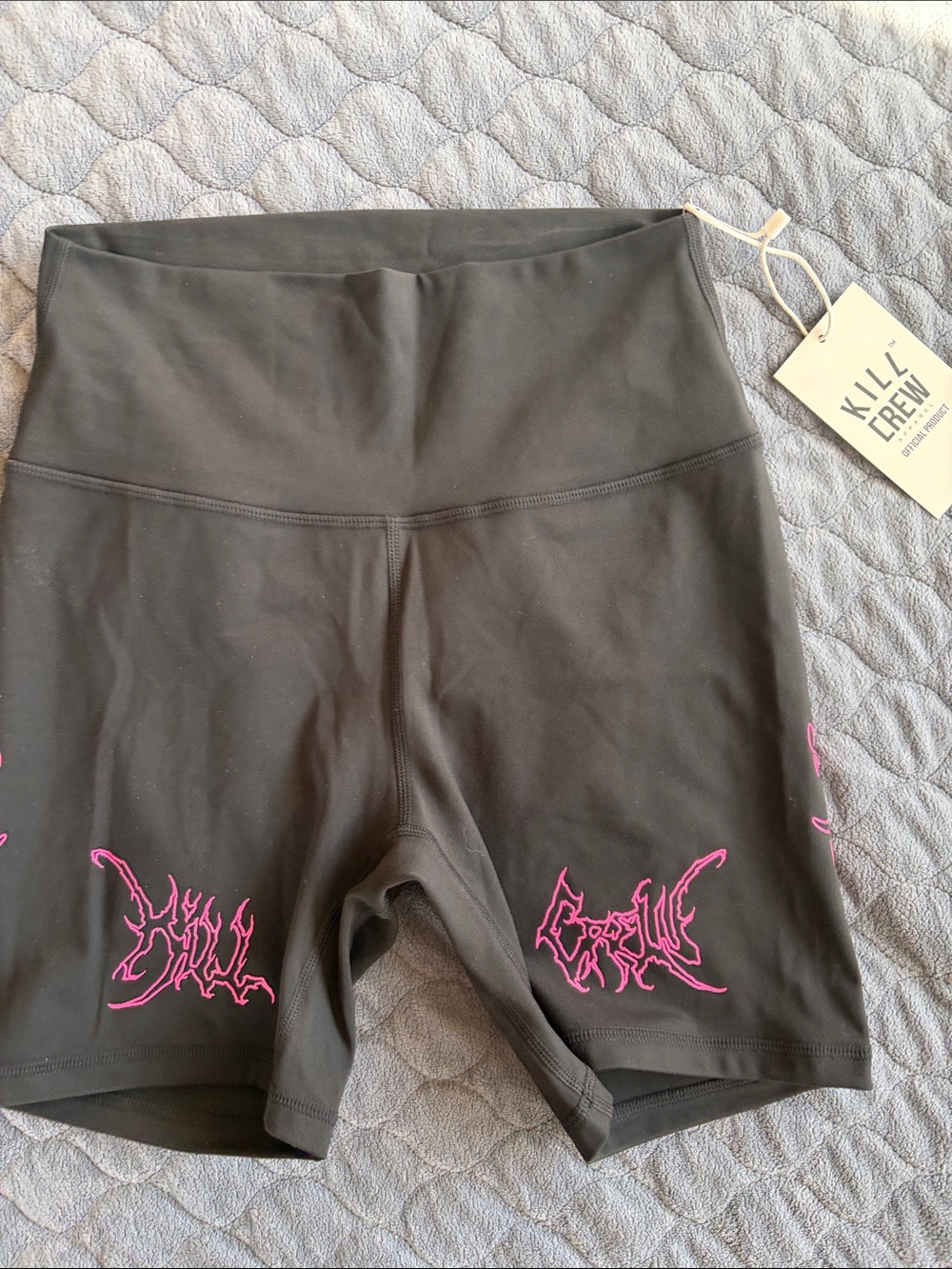 Kill Crew Black High-Rise Bike Shorts with Pink Graphic Accents